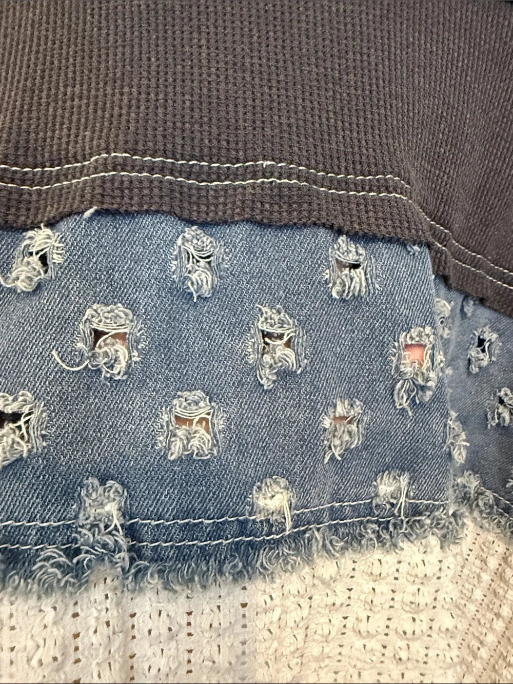 Pol Distressed Patchwork Pullover - Blue, Dark Gray, Cream - Picture 5 of 15